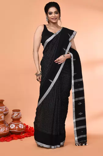 black mul cotton handloom jamdani saree with blouse piece