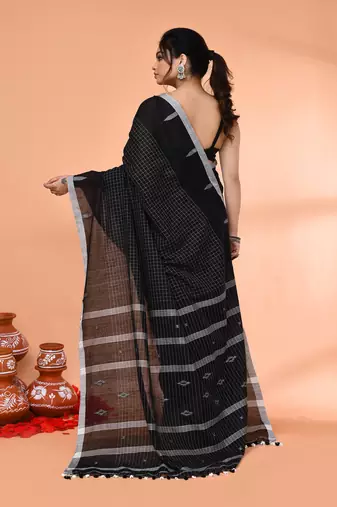 black mul cotton handloom jamdani saree with blouse piece