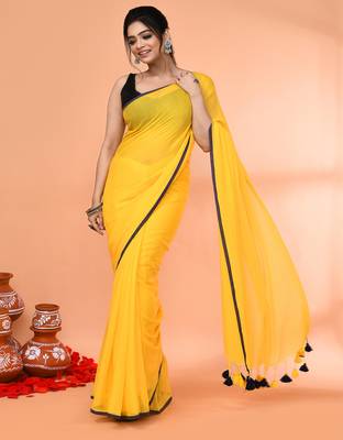 Yellow mulmul cotton saree without blouse piece 4