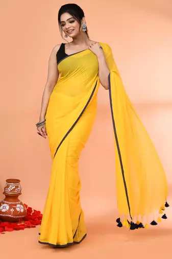 Yellow mulmul cotton saree without blouse piece