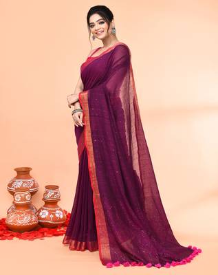 cotton handloom magenta sequin saree with blouse piece 4