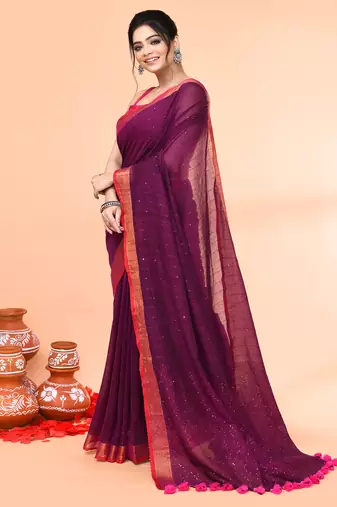 cotton handloom magenta sequin saree with blouse piece