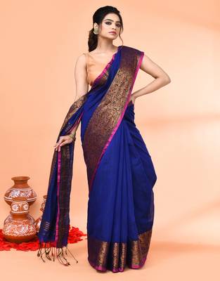 cotton blend royel blue handloom saree with blouse piece 4