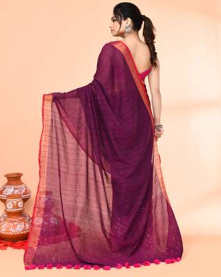 cotton handloom magenta sequin saree with blouse piece 5