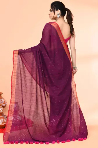 cotton handloom magenta sequin saree with blouse piece