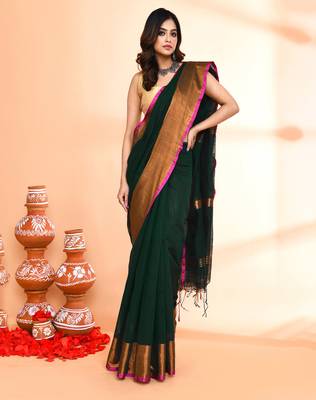 cotton blend dark green handloom saree with blouse piece 5