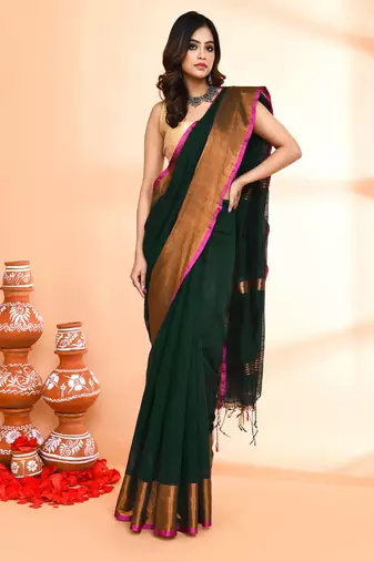 cotton blend dark green handloom saree with blouse piece