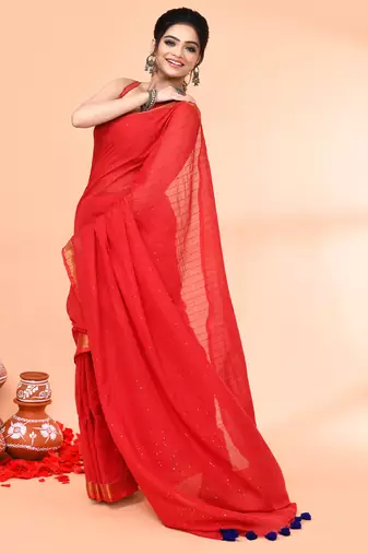 cotton handloom red sequin saree with blouse piece