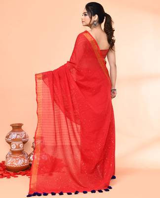 cotton handloom red sequin saree with blouse piece 5