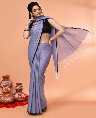 Grey mulmul cotton saree with tassels 2
