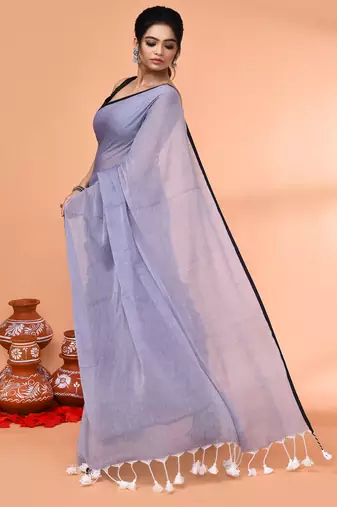 Grey mulmul cotton saree with tassels
