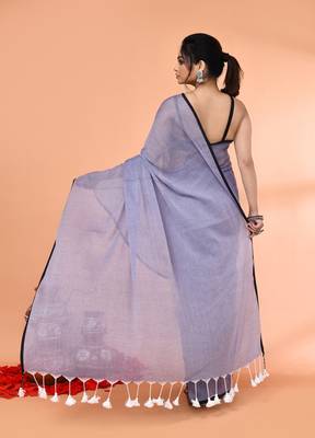 Grey mulmul cotton saree with tassels 4