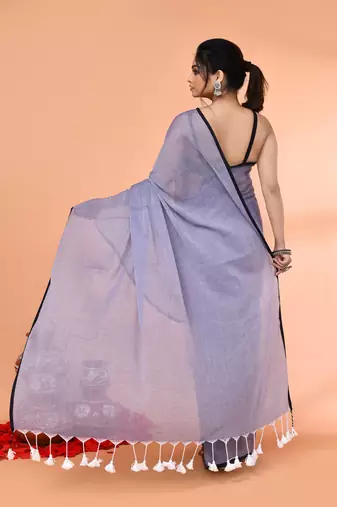 Grey mulmul cotton saree with tassels