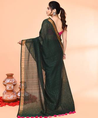 cotton handloom dark green sequin saree with blouse piece 5