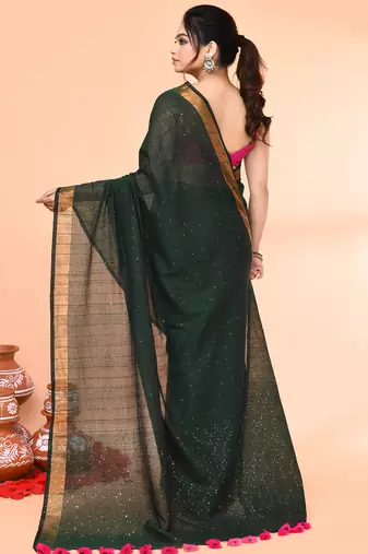 cotton handloom dark green sequin saree with blouse piece