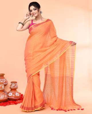 cotton handloom pale orange sequin saree with blouse piece 4
