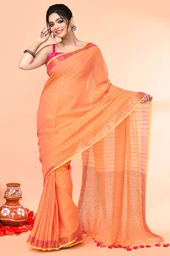 cotton handloom pale orange sequin saree with blouse piece