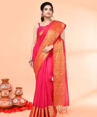 cotton blend rani handloom saree with blouse piece 4