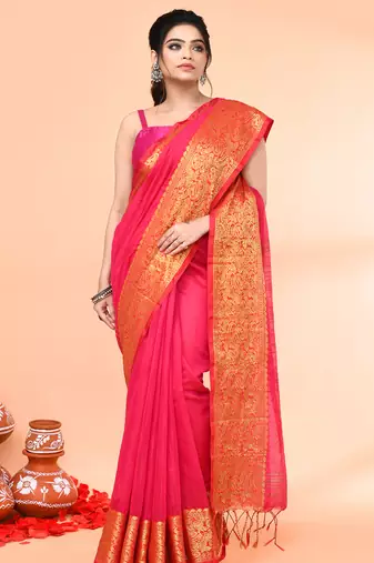 cotton blend rani handloom saree with blouse piece