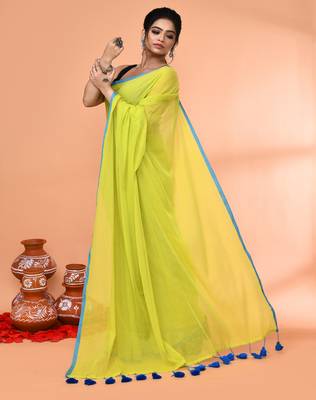 Lemon green mulmul cotton saree without blouse piece 4