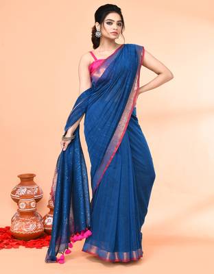 cotton handloom deep turquoise sequin saree with blouse piece 3