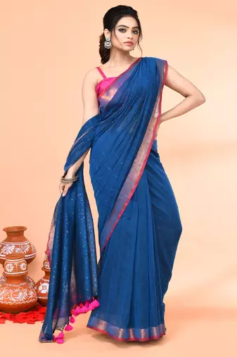 cotton handloom deep turquoise sequin saree with blouse piece