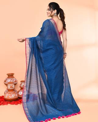 cotton handloom deep turquoise sequin saree with blouse piece 4