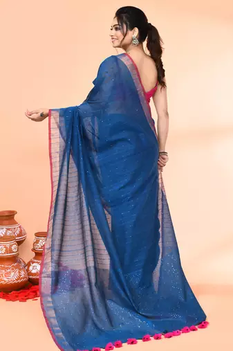 cotton handloom deep turquoise sequin saree with blouse piece