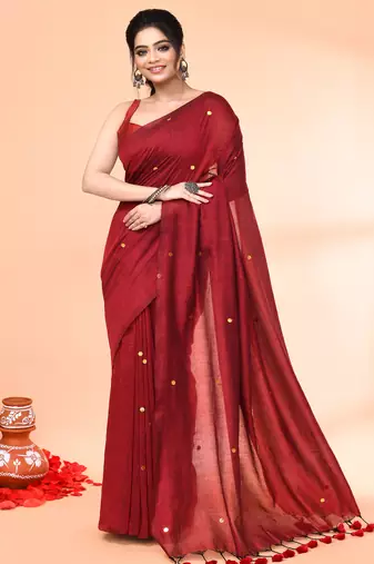 cotton handloom maroon sequin saree with blouse piece