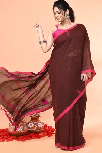 brown mul cotton handloom jamdani saree with blouse piece