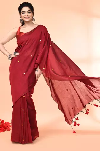 cotton handloom maroon sequin saree with blouse piece