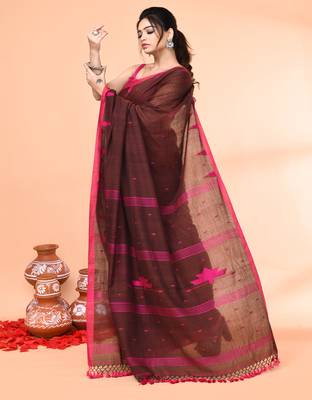 brown mul cotton handloom jamdani saree with blouse piece 5