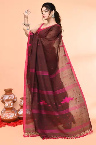 brown mul cotton handloom jamdani saree with blouse piece