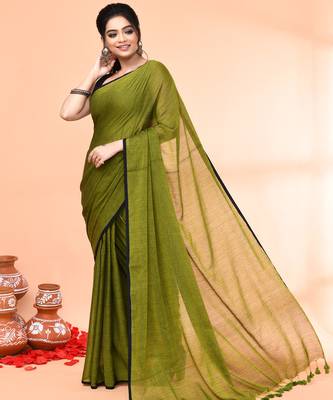 Olive mulmul cotton saree without blouse piece 4