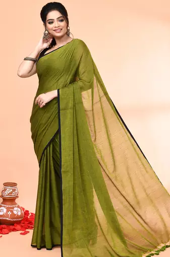 Olive mulmul cotton saree without blouse piece