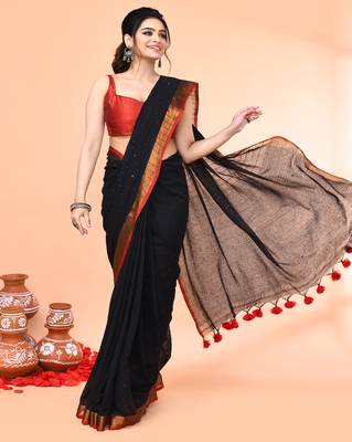 cotton handloom black sequin saree with blouse piece 3