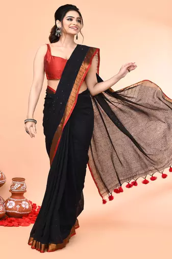 cotton handloom black sequin saree with blouse piece