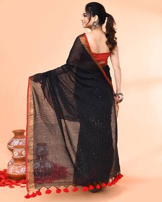 cotton handloom black sequin saree with blouse piece 4
