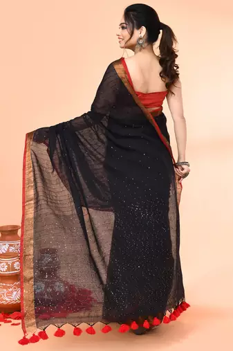 cotton handloom black sequin saree with blouse piece