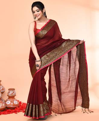 cotton blend maroon handloom saree with blouse piece 4