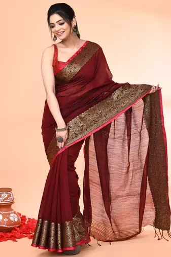 cotton blend maroon handloom saree with blouse piece
