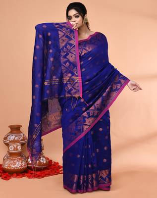 cotton blend royal blue handloom saree with blouse piece 4