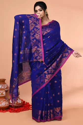 cotton blend royal blue handloom saree with blouse piece