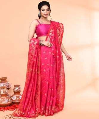 cotton blend rani handloom saree with blouse piece 3