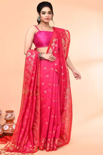cotton blend rani handloom saree with blouse piece