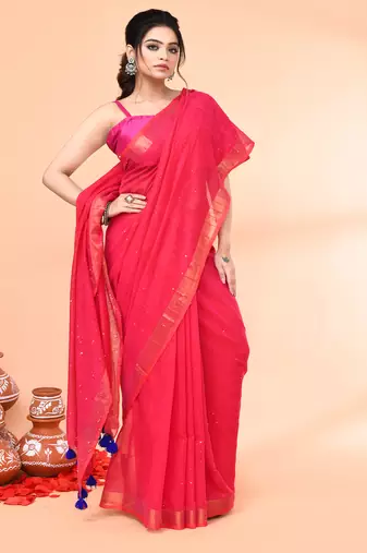 cotton handloom pink sequin saree with blouse piece