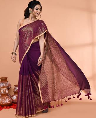 magenta cotton handloom saree with gold zari stripes 4