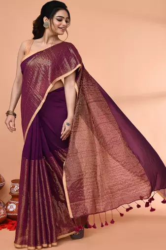 magenta cotton handloom saree with gold zari stripes