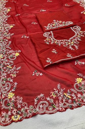 Red Party Wear Rangoli art Silk Saree