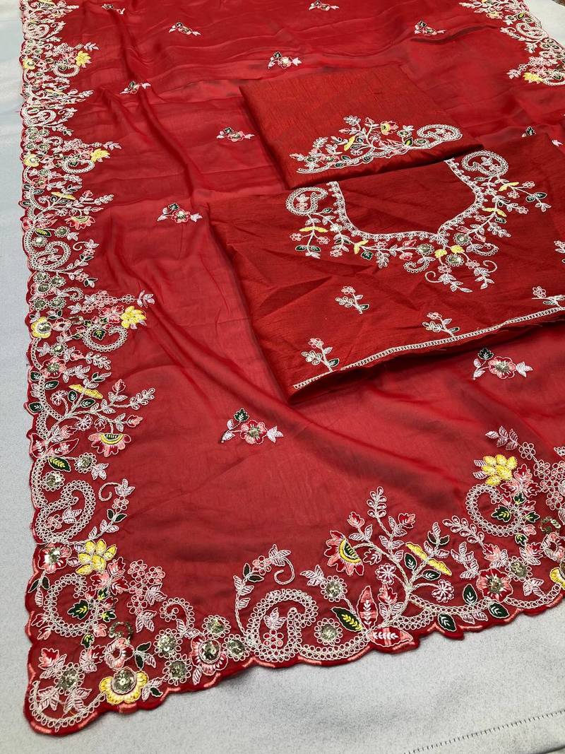 Red Party Wear Rangoli art Silk Saree